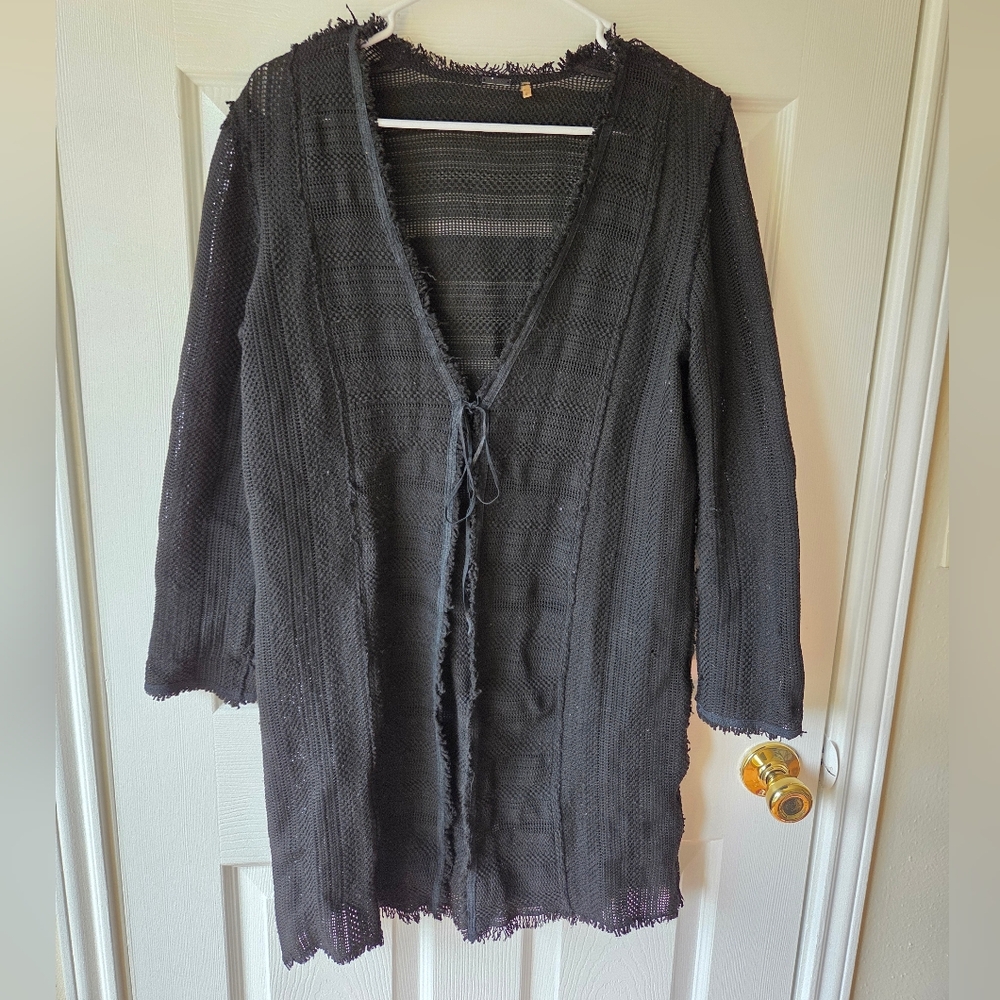 Elie Tahari Black Knit Cardigan M Fringe Hem - Picture 2 of 6
